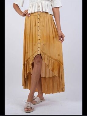 Sacred Threads Mustard High-Low Button Front Boho Skirt
